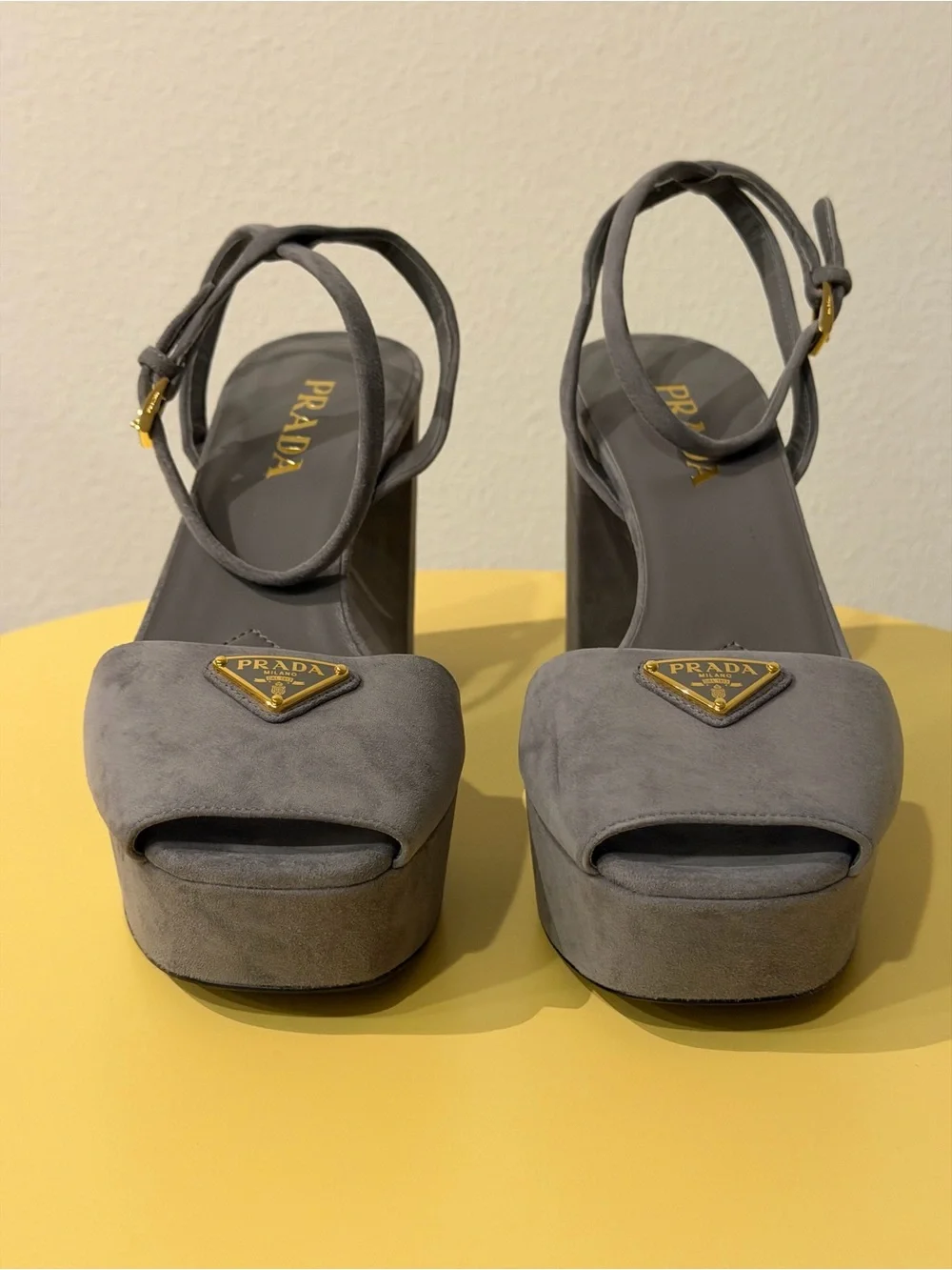 Prada Gray Suede Platform Block Heel Sandal with Ankle Strap